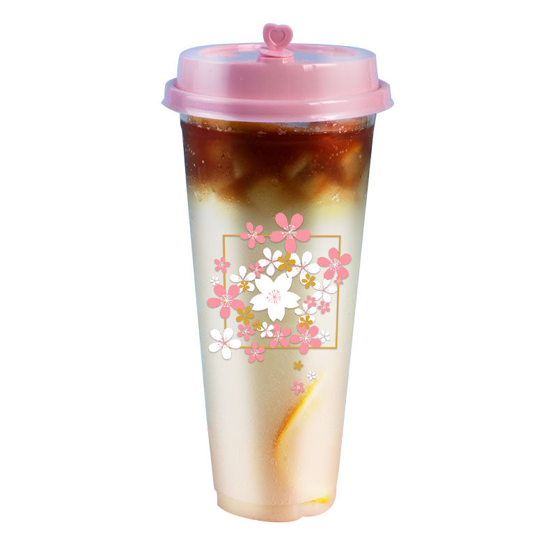 樱花一次性奶茶杯子带盖90口径高透饮料杯塑料网红杯商用定制logo