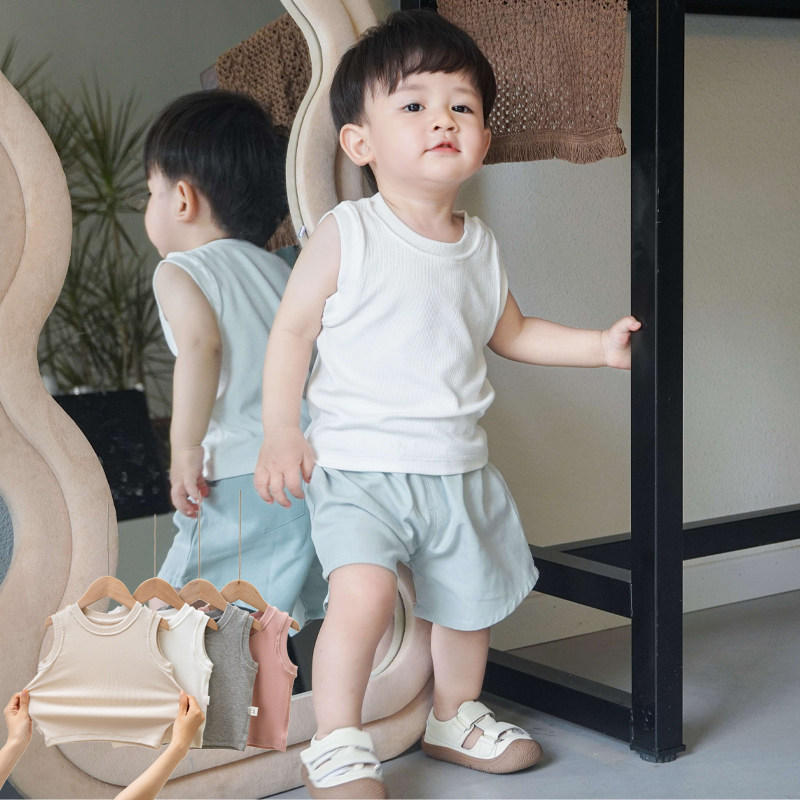 童泰儿童夏季背心上衣男女童冰丝纯色坑条无袖衫小童百搭基础打底