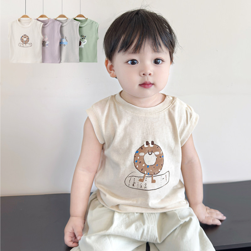 童泰儿童夏季无袖衣服宝宝棉质卡通背心上衣小童短袖外出夏装T恤
