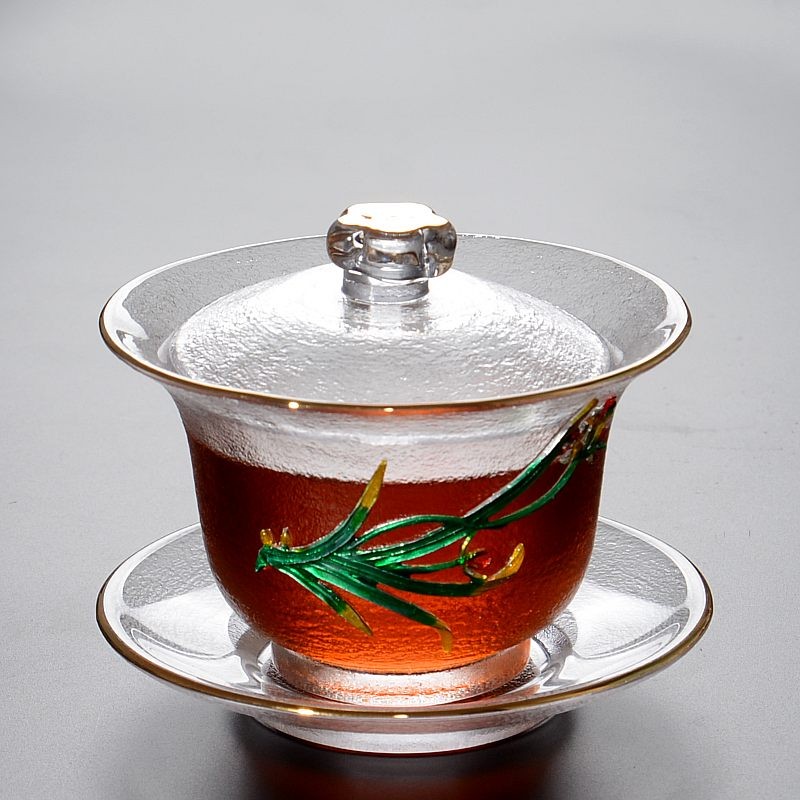 玻璃三才盖碗大号个性镶锡描金茶杯不烫手加厚茶碗敬茶功夫茶具