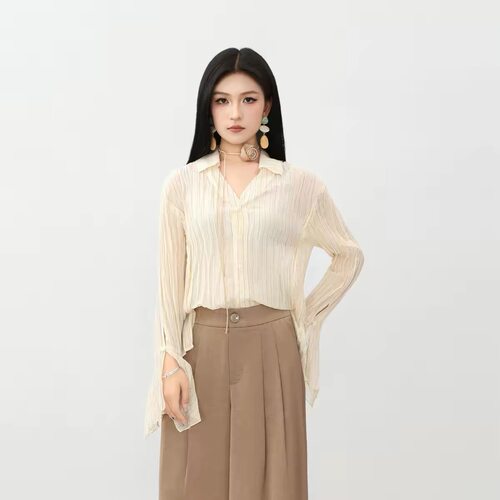 阿玛施夏季新品竖条纹设计造型感不规则喇叭袖廓形衬衫530026