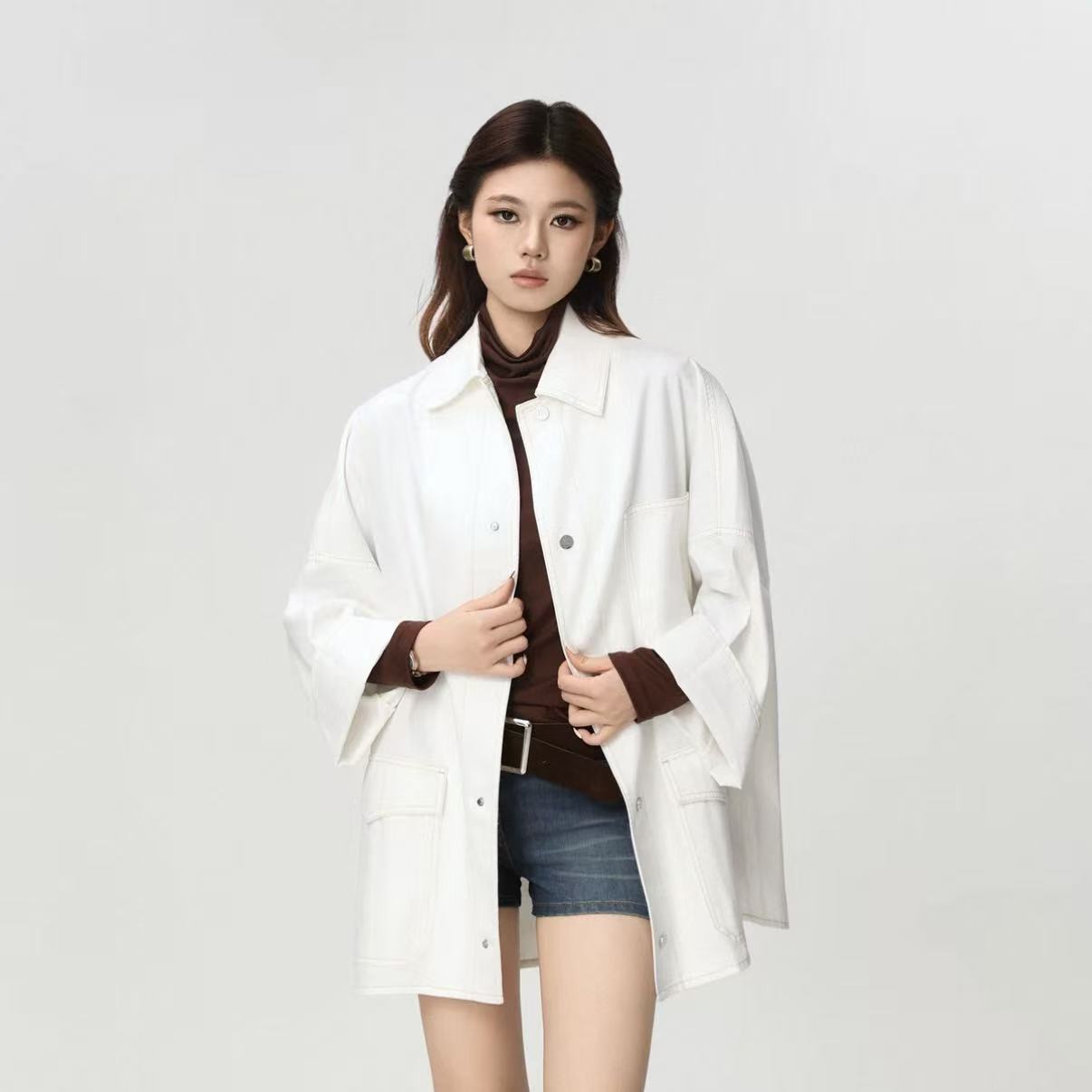 宽松女多口袋轻工装风衬衫外套
