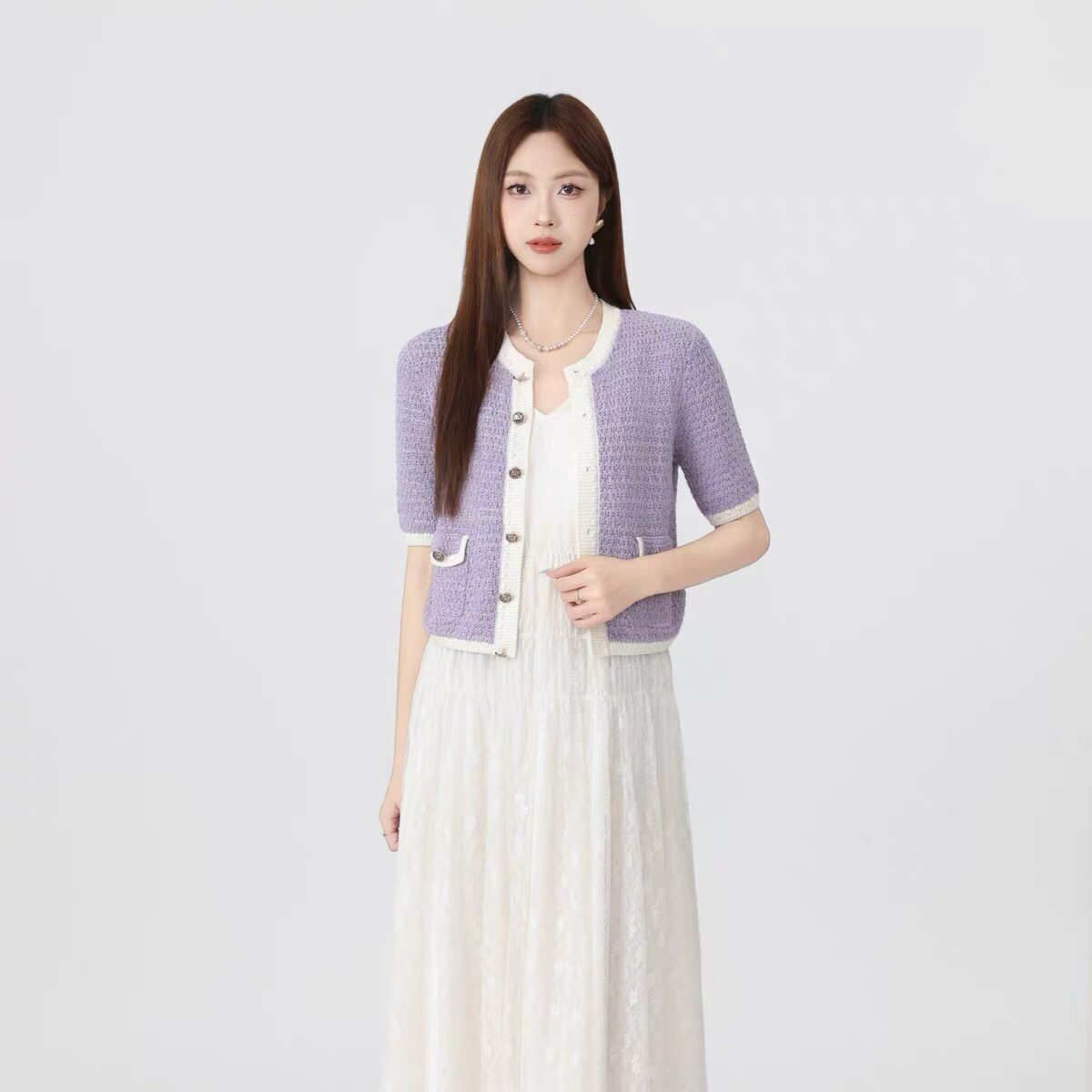 阿玛施气质淑女撞色拼接短款小香风短袖针织开衫5499206-1T444