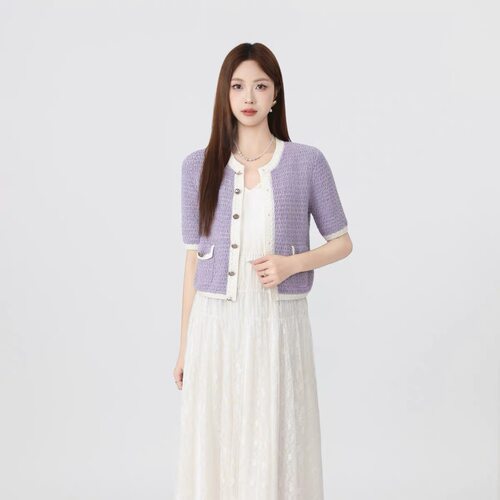 阿玛施气质淑女撞色拼接短款小香风短袖针织开衫5499206-1T444