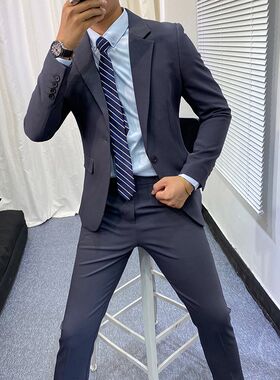 新款时尚男士英伦正装西服套装韩版修身青年商务休闲西装两件套潮
