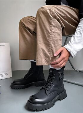 马丁靴男秋冬时尚厚底增高休闲男鞋英伦风保暖男靴中筒加绒皮靴子