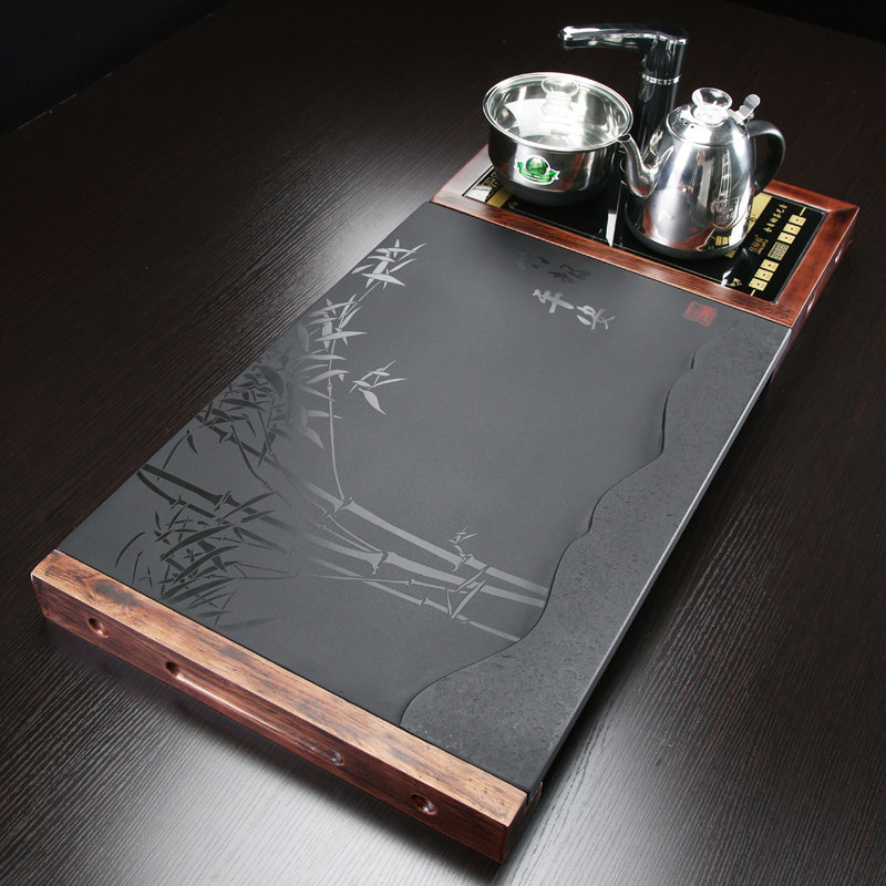 整块乌金石头茶盘套装家用客厅创意智能玻璃壶煮茶台小型茶海排水