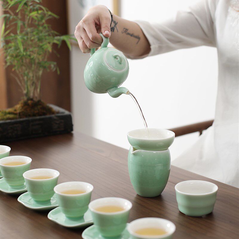 陶瓷盖碗泡茶羊脂玉白瓷功夫茶具套装办公室会客家用客厅日式简约
