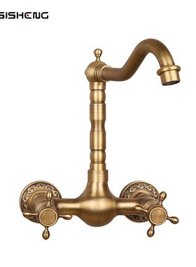 仿古全铜陶瓷入墙水龙头卫生间洗脸池台盆墙出式双把手冷热水龙头