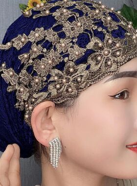 冬季加厚帽子遮白色绣花帽子钉珠帽子欧洲复古帽子加绒保暖帽女士