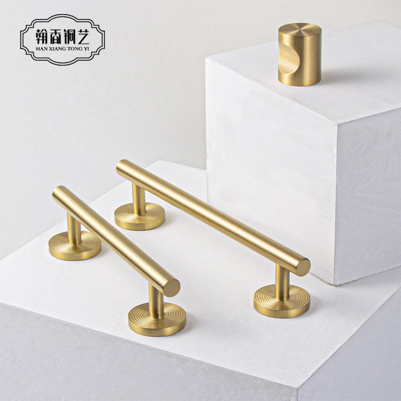 翰香纯铜拉手金色轻奢现代简约单孔北欧抽屉新中式衣橱柜门圆把手