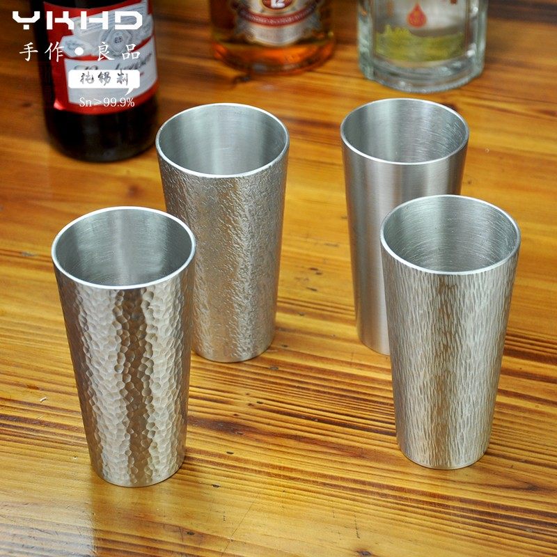 匠人纯手工锤目纹纯锡杯啤酒杯日式锡杯水杯茶杯冷酒冷饮杯锡999