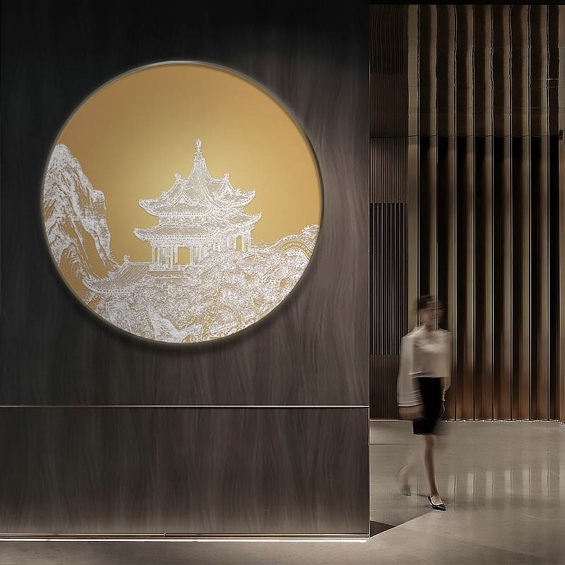 新中式圆形入户玄关装饰画亭台楼阁中国风酒店大堂玄关画餐厅