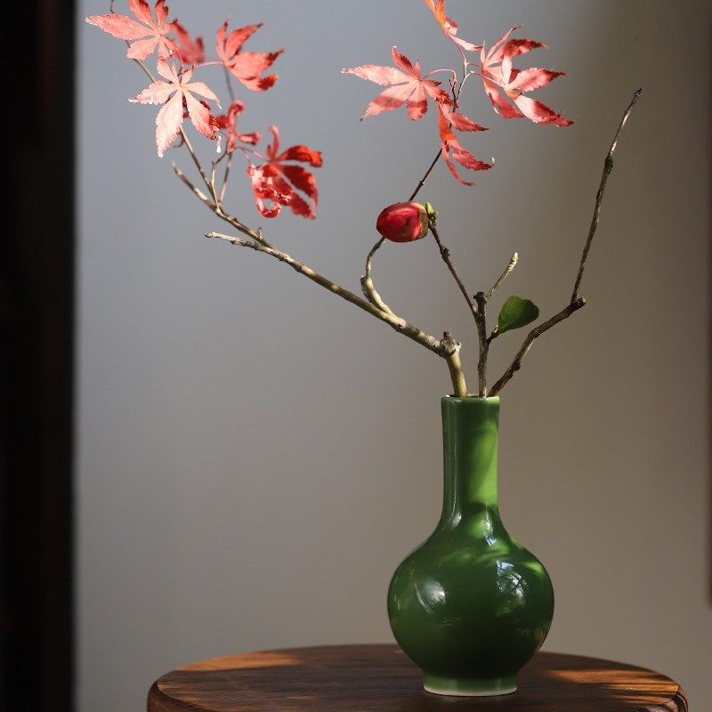 大鱼美器 青绿天球瓶 景德镇手工陶瓷花瓶茶席花样板间茶空间花器