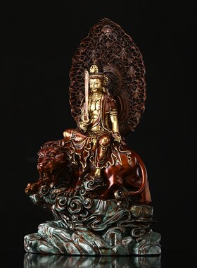 纯铜切金文殊普贤佛像释迦牟尼佛像文殊菩萨坐骑供奉华严三圣摆件