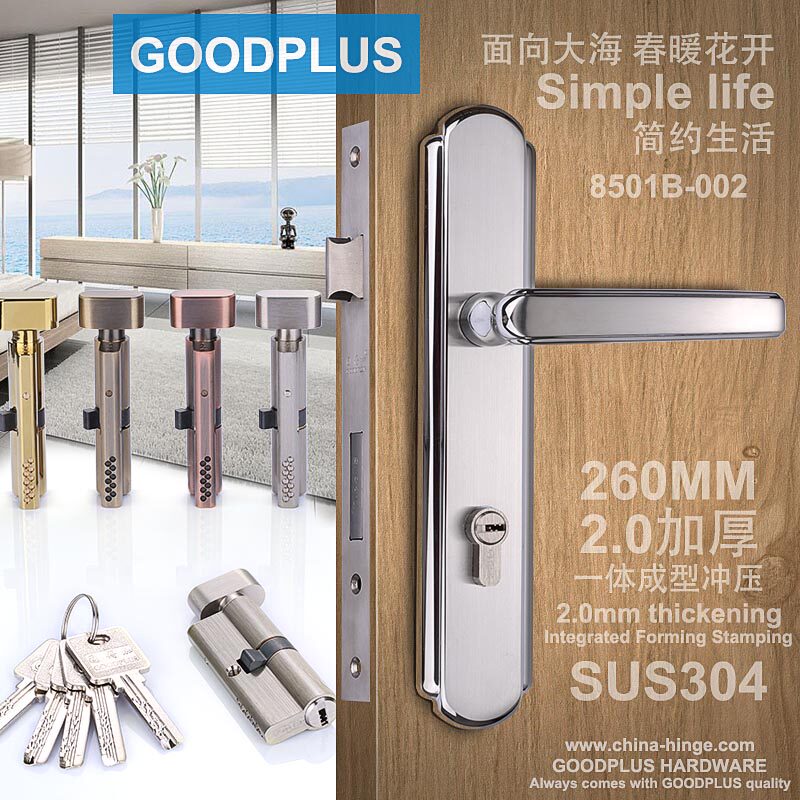 260长304不锈钢房门锁螺丝孔距210MM220MM加长面板85孔配8545锁体