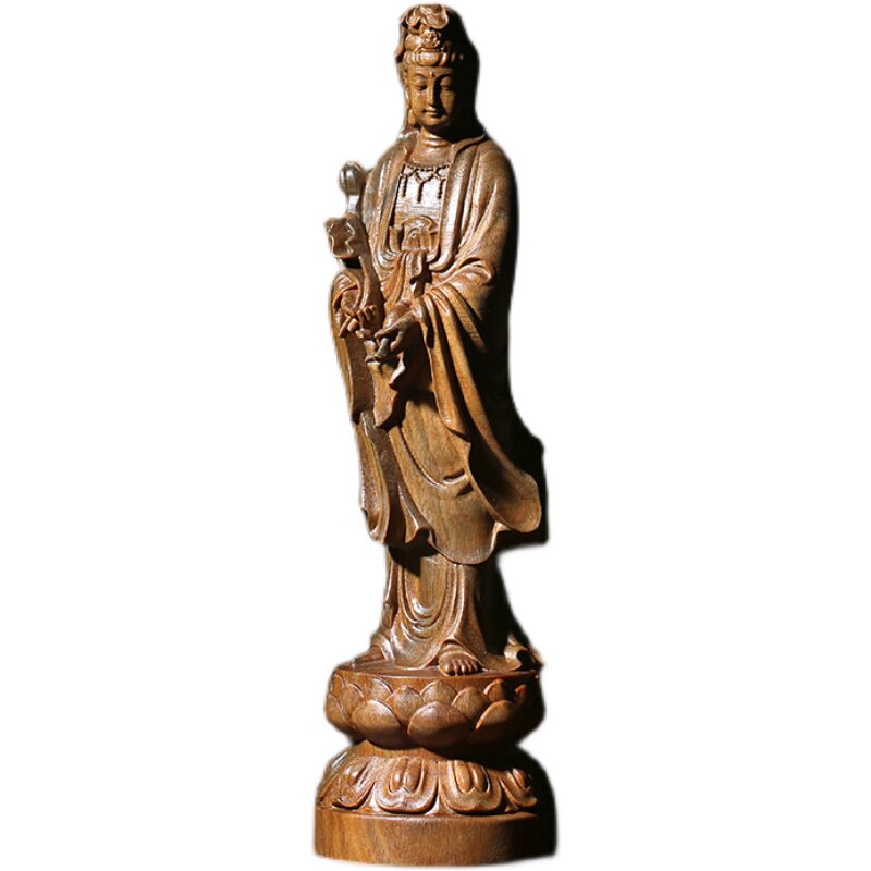 天然绿檀实木雕刻观音摆件文玩手把件人物工艺品客厅家居装饰品