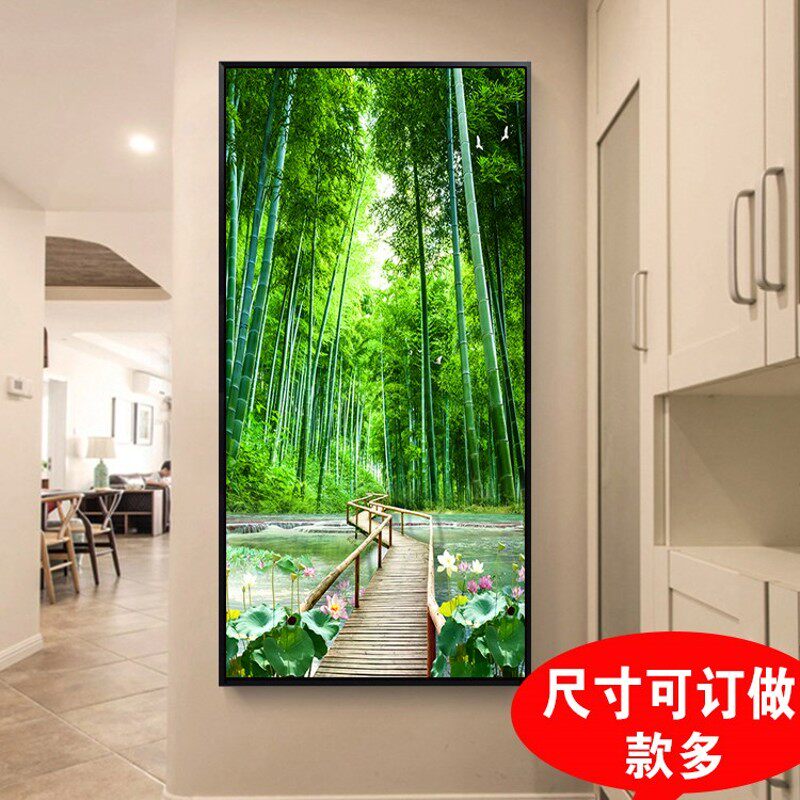 新中式玄关墙画走廊装饰画竖版单幅过道绿色挂画客厅竹林风景定做
