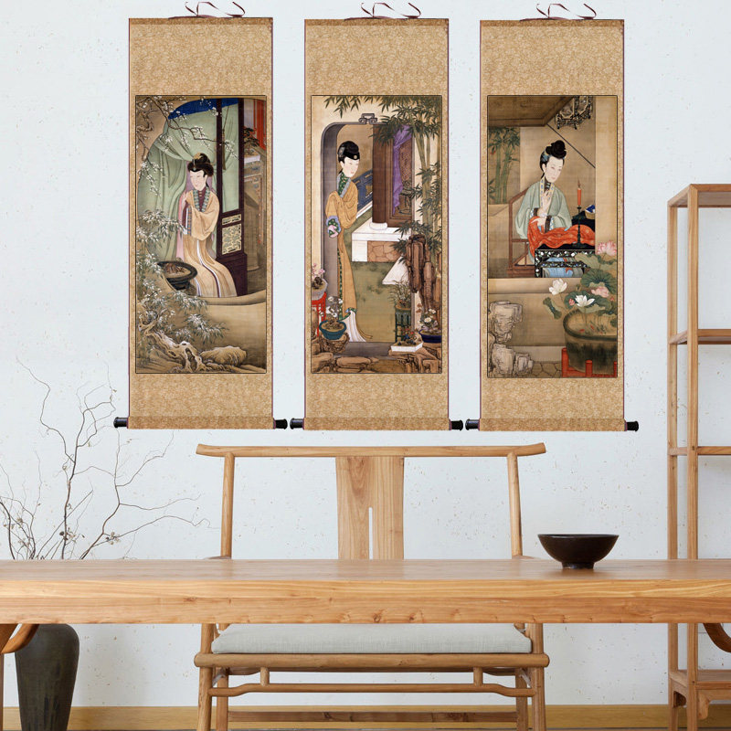 雍正新款十二仕女图人物画卷轴画丝绸画仿古宣纸装饰画办公室画