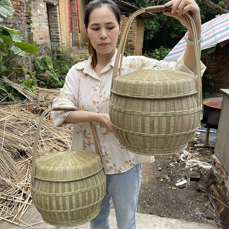 竹篮手提篮子带盖大号内双层清明节拜拜圆形手工竹编制品农村老式图片