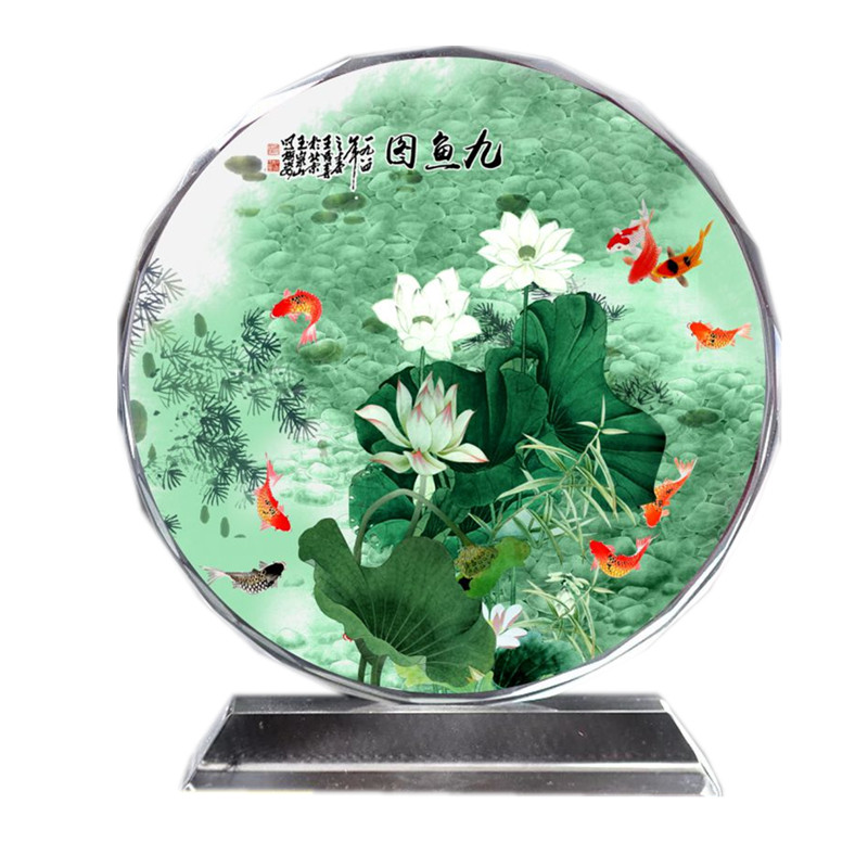 国画九鱼图九条鱼装饰画流水生财荷花富贵水晶摆件工艺品书桌装饰