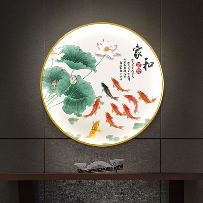 通体全面发光带灯装饰画客厅玄关新中式九鱼挂画圆形葫芦灯箱壁画