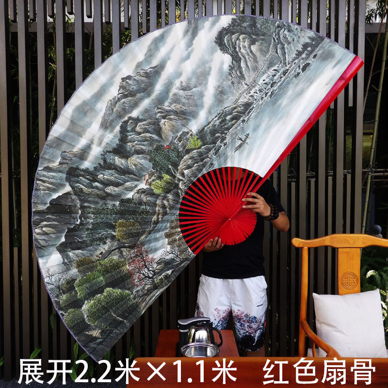 新中式客厅电视背景装饰大挂扇壁挂扇大折扇水墨山水小桥流水人家