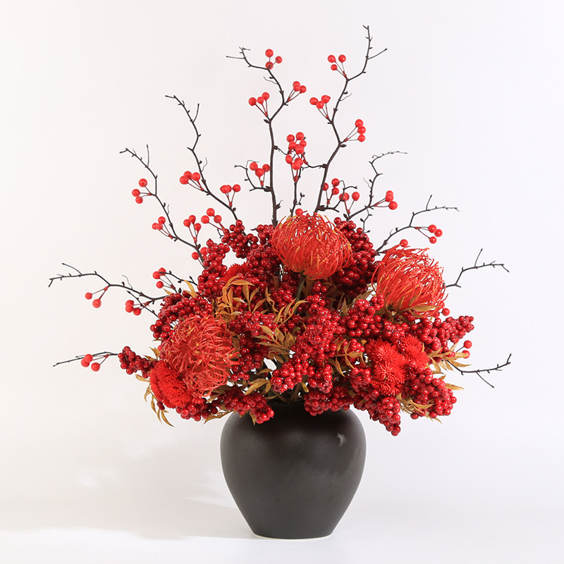 红果餐桌发财果陶瓷花瓶花束摆件针垫花新中式玄关酒店大堂大厅