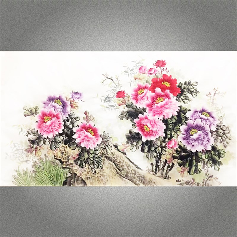 纯手绘定制无落款大六尺牡丹挂画装饰画新中式花鸟画走廊壁画入户