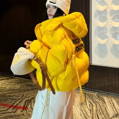 韩版小个子短款连帽棉服女冬季新款黄色宽松保暖加厚面包服外套女