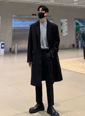 毛呢大衣男冬季韩版中长款男款风衣过膝加厚黑色呢子大衣短款外套