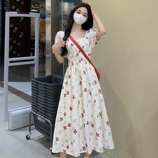 鹿向南夏季新款裙子雪纺温柔小个子长裙收腰法式方领甜美连衣裙女