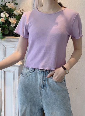 短款圆领T恤女2021夏季新款韩版修身短袖上衣紫色夏天薄款打底衫