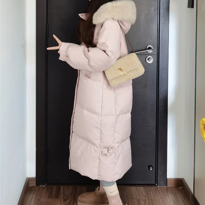 2025冬季新款中长款过膝羽绒棉服女中国结韩系加厚大毛领棉衣外套