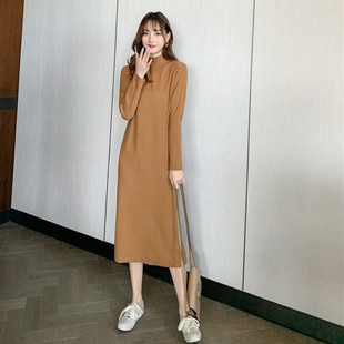 秋冬加厚中长款打底衫女 宽松过膝t恤裙纯棉包臀连衣裙内搭长裙冬