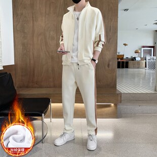 两件套男士夹克休闲套装秋冬季加绒加厚保暖开衫衣外套裤子跑步土