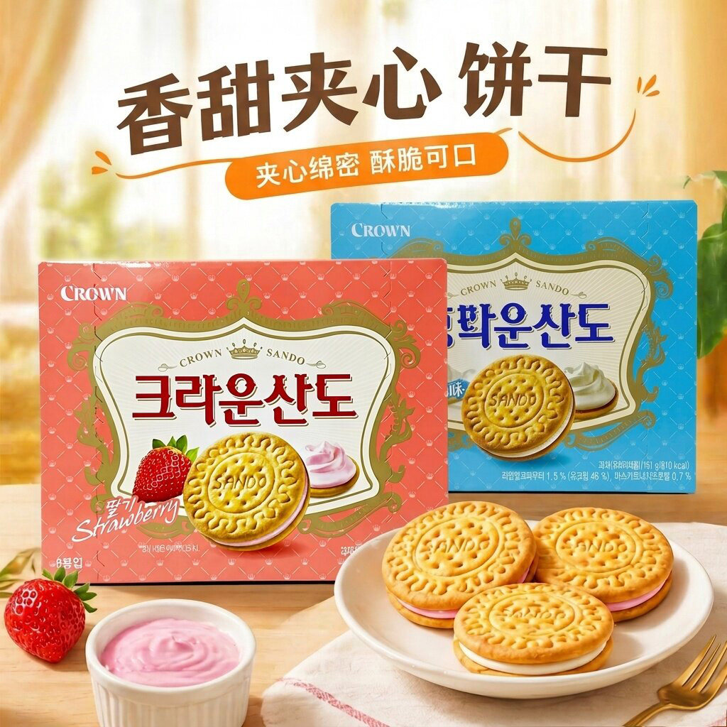 韩国进口克丽安crown三多夹心饼干奶油草莓味点心休闲零食品161g