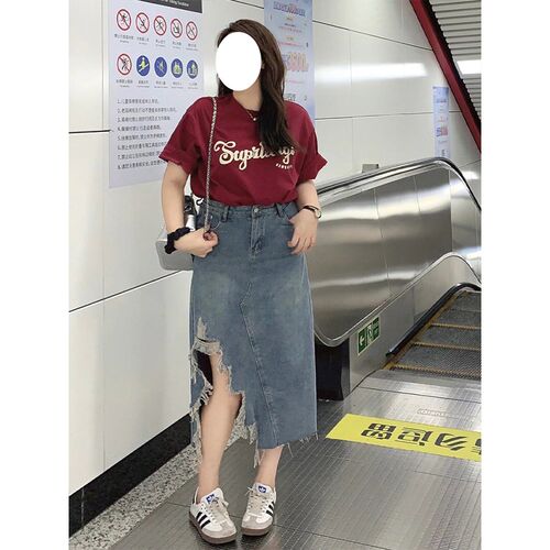 300斤大码女装复古撕边开叉牛仔半身裙女胖mm夏季辣妹显瘦半裙子