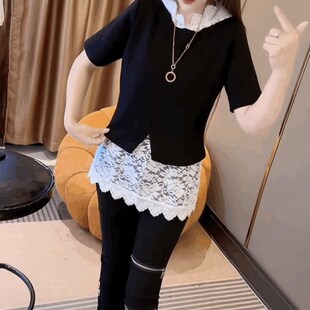 假两件拼接蕾丝连帽短袖T恤女黑色叠穿上衣中长款夏季t恤打底衫潮