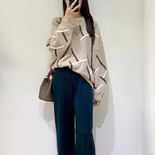 富有油画美感的手工编织条~圆领羊绒衫女纯羊绒加厚毛衣宽松慵懒