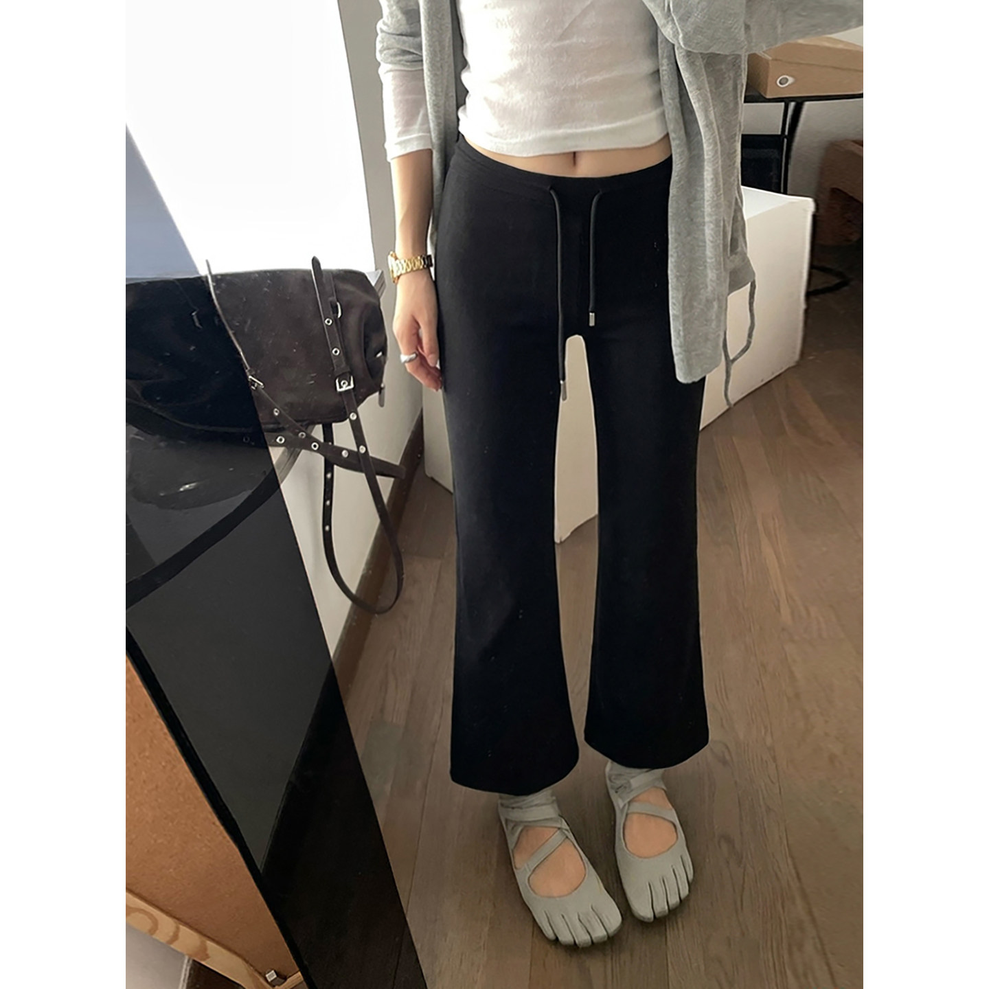 抽绳系带简约垂感休闲裤女小个子低腰弹力显瘦微喇裤九分裤图片