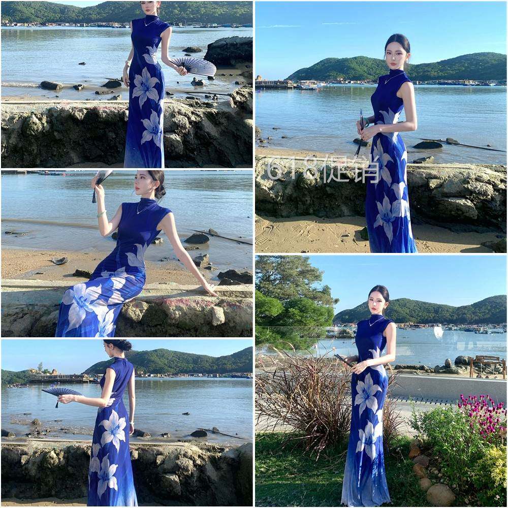 海岛绝美沙滩长裙到脚踝超长款修身印花海边度假连衣裙气质高级感