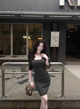 AWMUMU 灰色高腰半身裙女御姐高智风修身弹力西装包臀短裙a字裙子