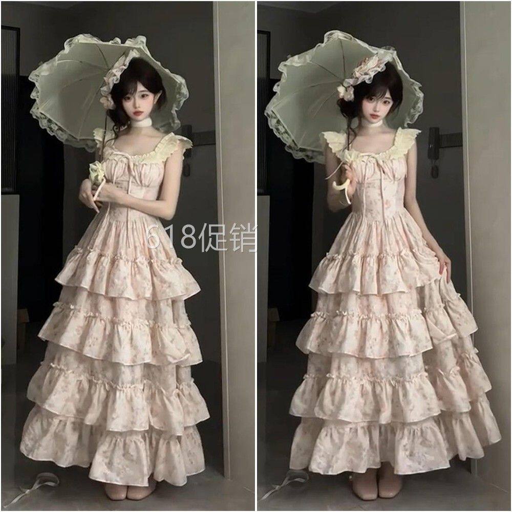 粉色甜美碎花洋装女夏季特别漂亮高级感公主蛋糕裙大裙摆长裙子