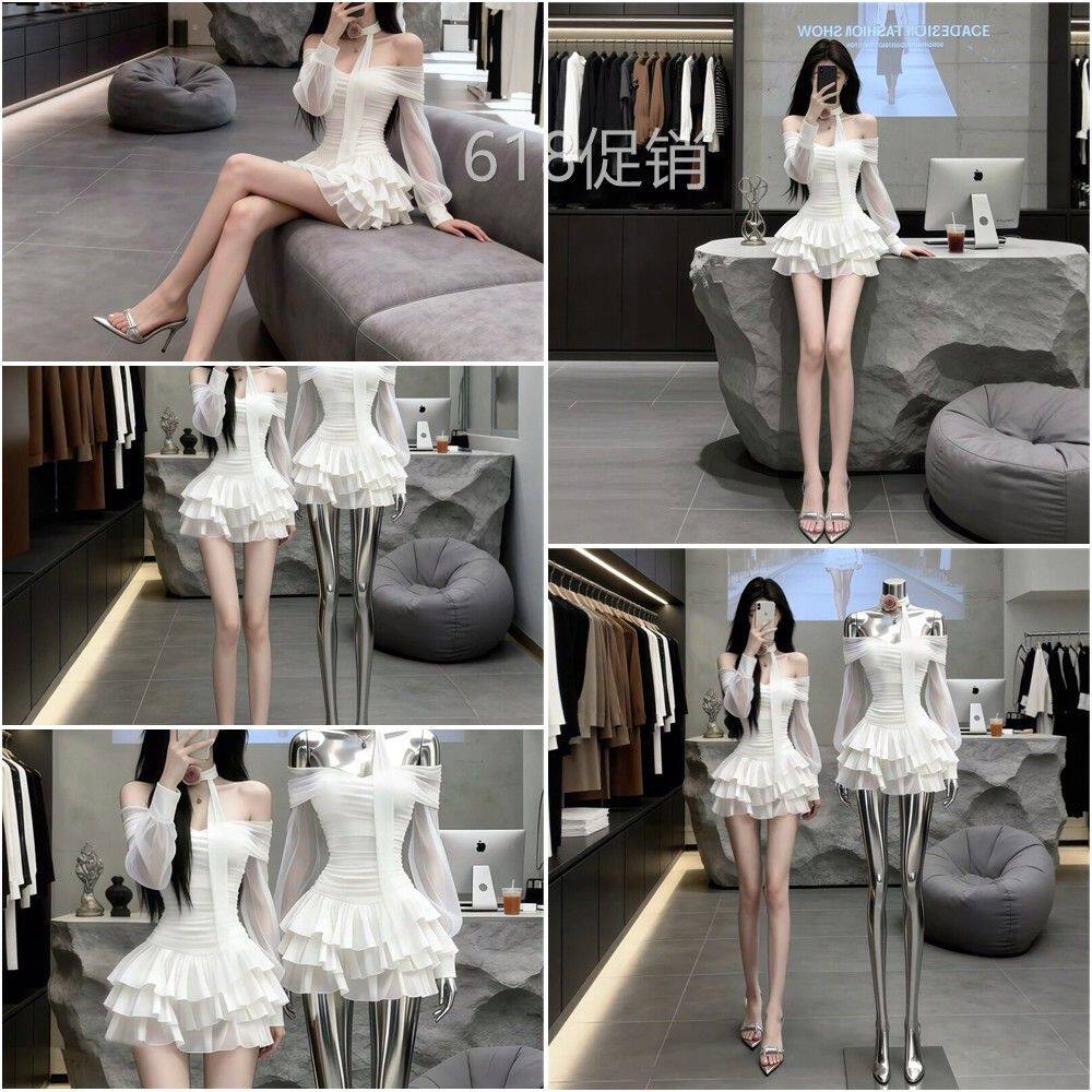 白色一字肩荷叶边长袖洋装女秋冬新款公主风宴会礼服蛋糕蓬蓬裙
