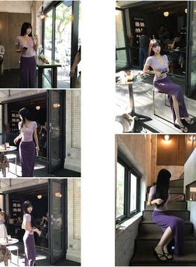 【下周六】气质小个子裙子高腰侧开叉半身裙紫色包臀修身长裙女夏