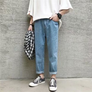 夏季牛仔裤男韩版潮流直筒简约纯色宽松百搭学生休闲九分裤子男