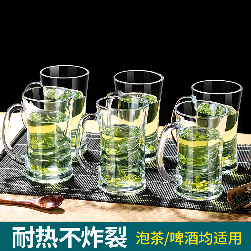 茶楼专用茶杯带把耐高温玻璃杯家用加厚大容量带盖绿茶喝水杯套装图片
