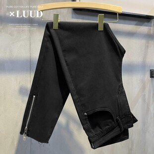 LUUD 个性潮男新款裤脚拉链装饰牛仔裤街头潮流秋季黑色修身长裤