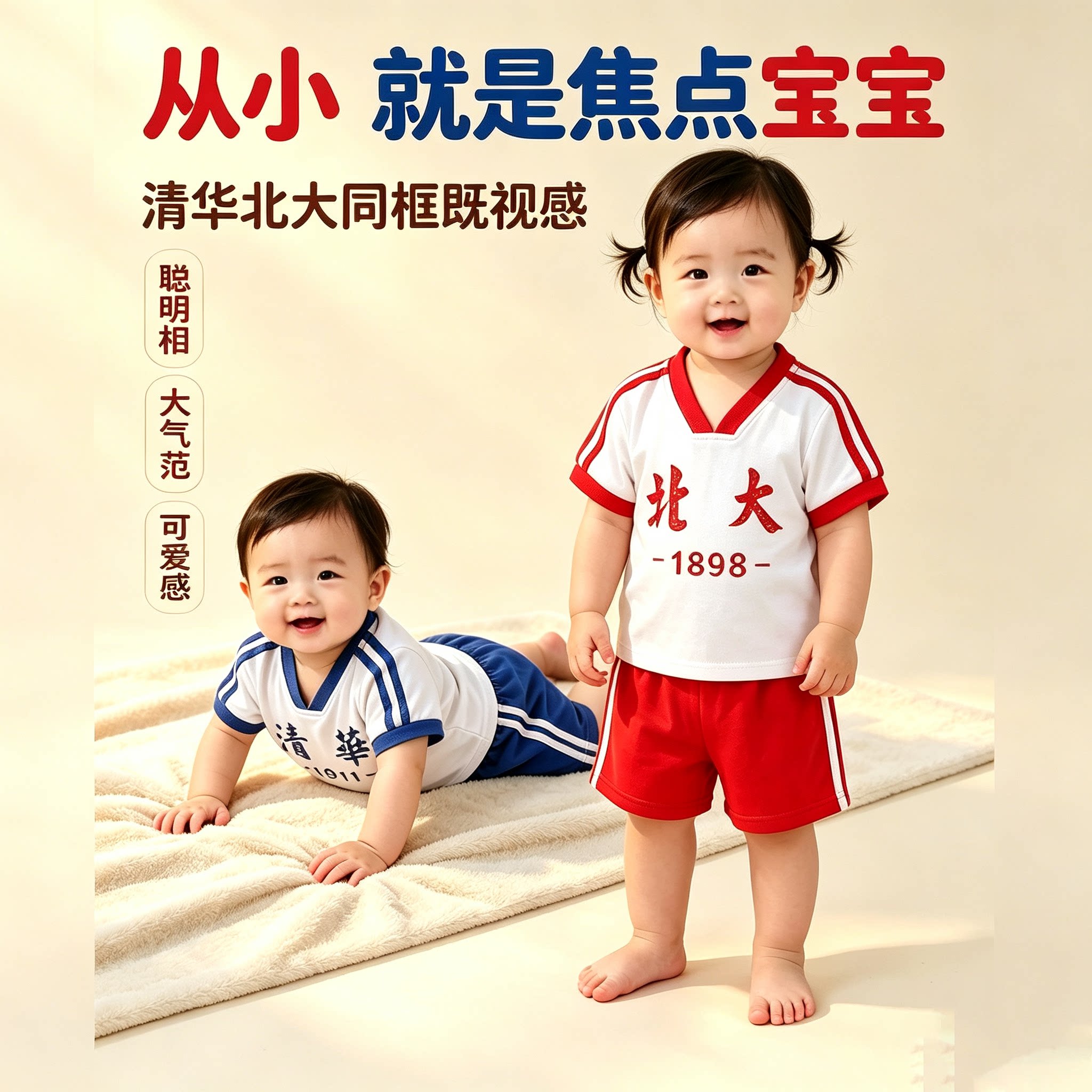 儿童t恤短袖夏季纯棉清华北大童装两件套姐弟装班服校服宝宝套装